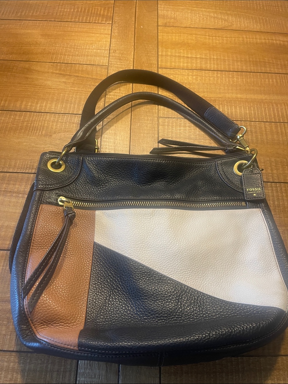 Fossil Colorblock Leather Shoulder Bag - Black, Cream & Brown